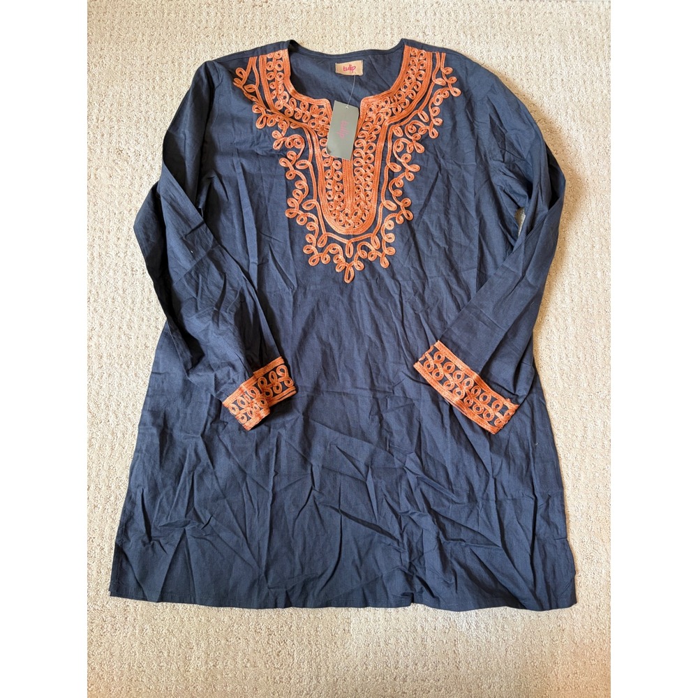 Tulip Helen Tunic Women S Grey NWT Cotton Embroidered Boho Folk Top